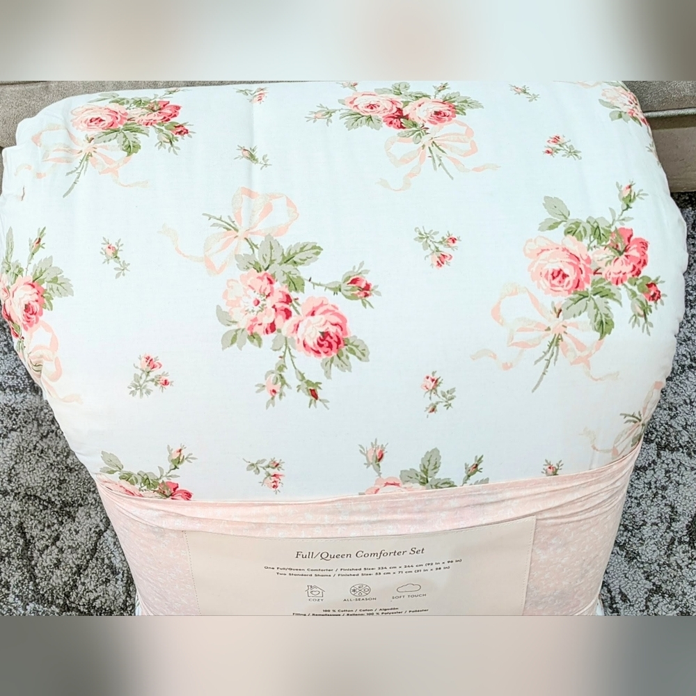 New LAURA ASHLEY Pink Bouquet Ribbon Bows FULL/QUEEN Cotton Comforter Set - Picture 4 of 4